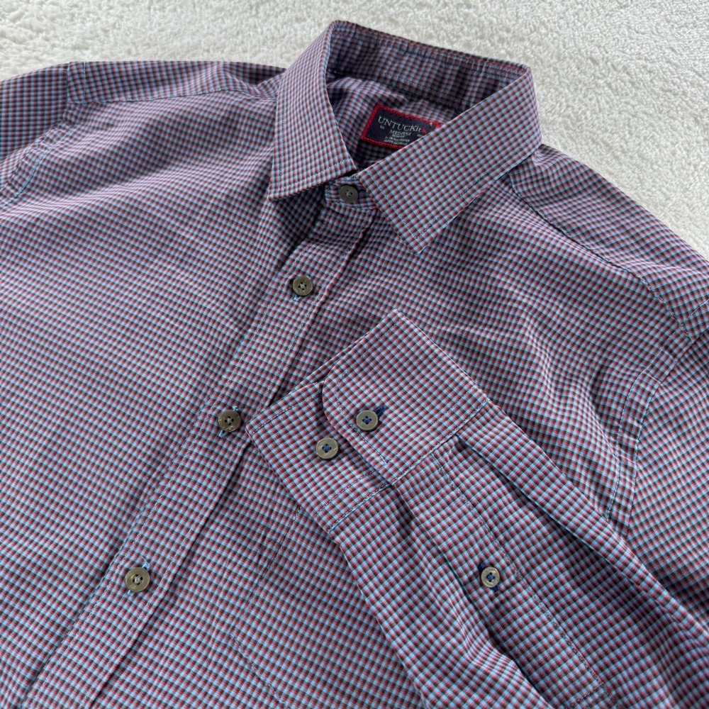 Untuckit‎ Shirt Mens Medium Red Plaid Button Up Cotton Preppy Casual Long Sleeve